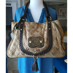 Vtg Dooney & Bourke Victorian brown canvas monogram bag boho hobo leather tassel